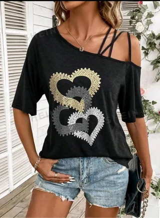 SHEIN LUNE Women's Asymmetric Collar Heart Printed T-Shirt 