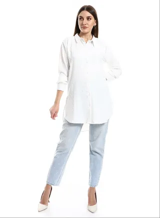 Long Sleeves Prominint Stitches White Buttons Down Shirt_White 