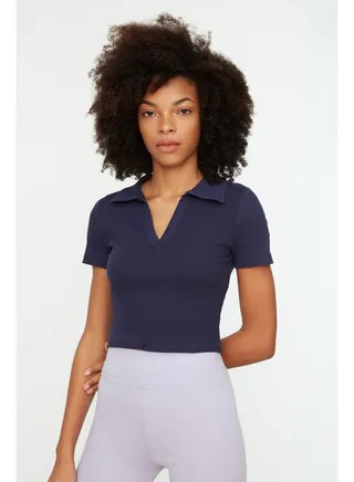 Navy Blue Fitted Crop Polo Neck Ribbed Stretchy Knitted Blouse TWOSS21BZ0038 