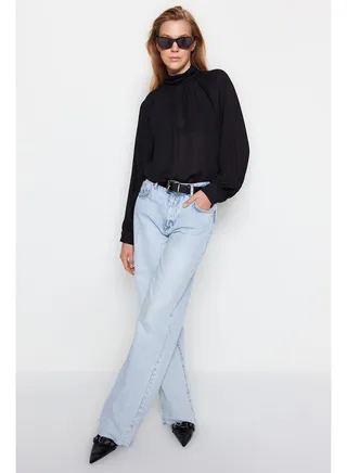 Black Woven Stand Up Collar Sleeves Pleated Sheer Transparent Blouse TWOAW24BZ00223 