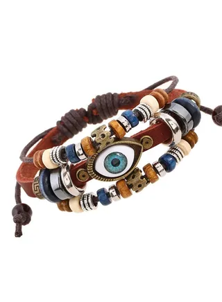 Hand-Woven Bracelet Adjustable Wrap-Around Wristband Vintage Punk Style Wrist Beaded Bracelet Decorations Holiday Gifts Blue Evil Eye Beads, Brown 