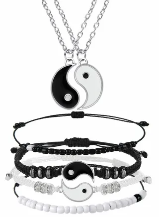 6 Pieces Matching Yin Yang Friend Couple Bracelets with Necklace Set, Adjustable Waterproof Handmade Cord Relationship Bracelets for Friendship Boyfriend Girlfriend 