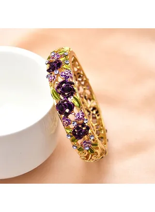 Italian Palace Style Gold Plated Enamel And Crystal Studded Bangle Vintage Multicolor Rainbow Crystal Rhinestone Flower Garden Cuff Bracelet Bangle 