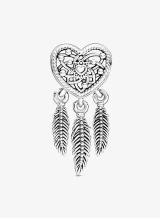 Pandora Women's 925 Silver Hollow Heart and Three Piece Hanging Feather Dream Catching Net Bracelet 799107C00 