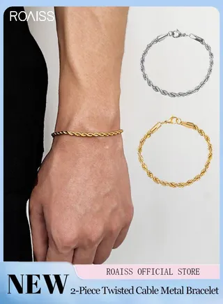 2-Piece Unisex Bracelet Set Stainless Steel Twisted Style Gold And Silver Bracelets For Couples 