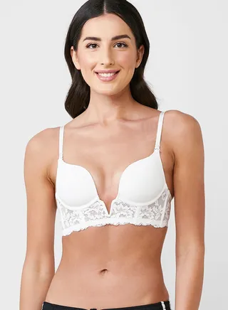 Semi Lace Plunge Neck Push Up Bra