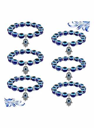 6 Pieces Eye Beaded Charm Bracelets Blue Eye Bead Stretch Bracelet Hand of Fatima Turkish Lucky Bracelet for Women Men for Protection and Blessing (Blue, 8 mm, 10 mm) 