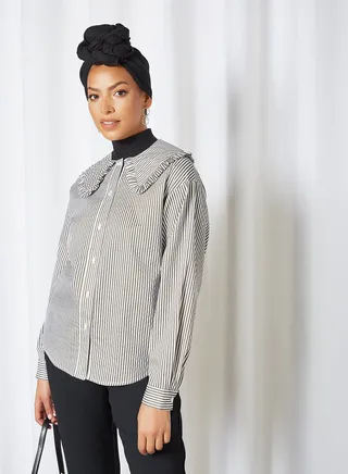 Striped Ruffle Detailed Shirt Bright White/Sea Turtle 
