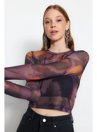 Black Printed Tulle Fitted/Simple Crop, Stretchy Knit Blouse TWOAW24BZ00030 