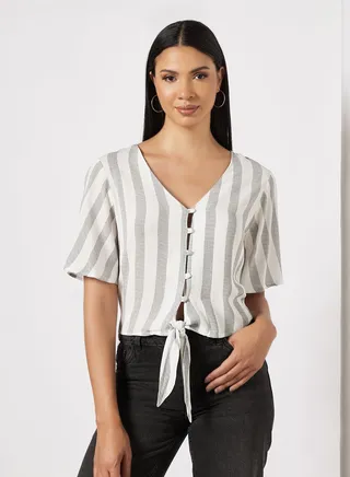 Front Tie Striped Top Grey 