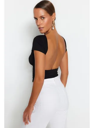 Black Backless Crop Cotton Stretchy Knitted Blouse TWOSS23BZ00912 
