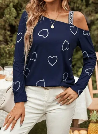 SHEIN LUNE Heart Print Asymmetrical Neck Tee BLUE 