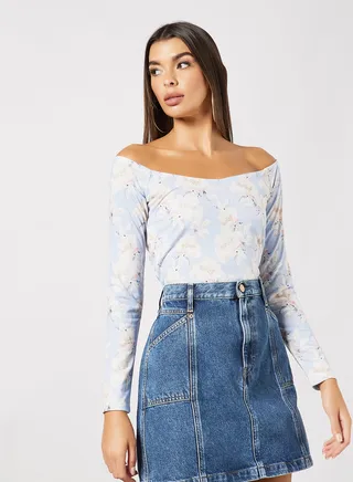 Jersey Off-Shoulder Top Light Blue 
