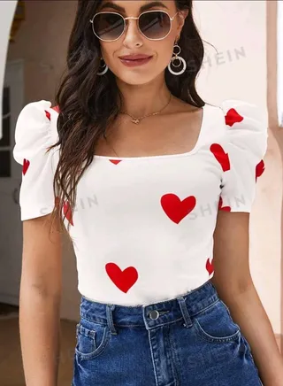 SHEIN Privé Heart Print Puff Sleeve Summer Tee 