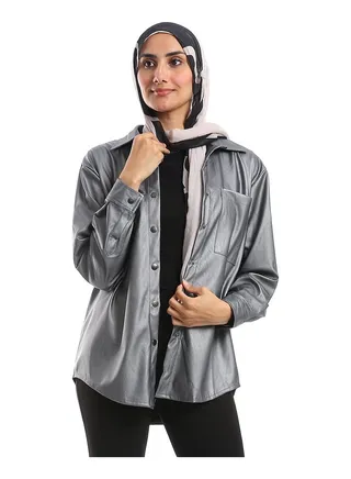 Press Buttons Closure Leather Shirt - Stone Grey 