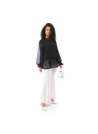 Blouse with Elastic Cuff & Sleeveless Top Set - Black 