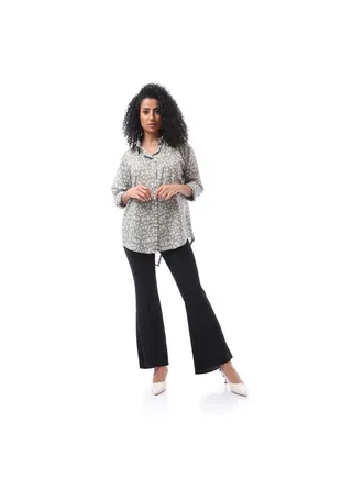 Buttoned Closure Patterned Blouse - Light Grey 