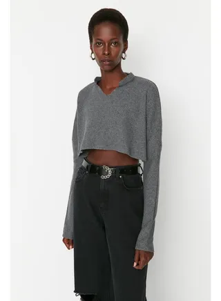 Anthracite Super Crop Long Sleeve Tricot Look Knitted Blouse TWOAW21BZ1213 