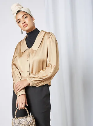 Exaggerated Collar Top Brown 