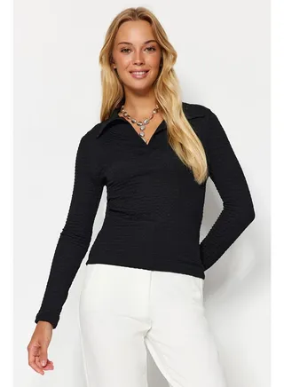 Black Premium Textured Slim Half-Placed Polo Neck Flexible Knitted Blouse TWOAW24BZ00312 