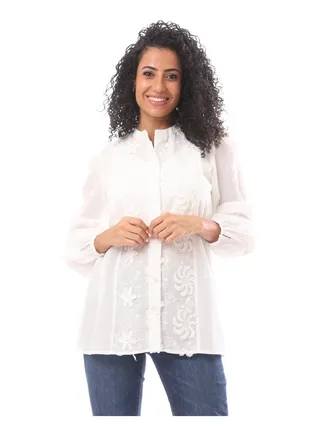 Viscose Embroidered V Neck Blouse With Buttons - White 