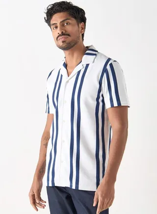 Iconic Striped Camp Collar Shirt with Short Sleeves 