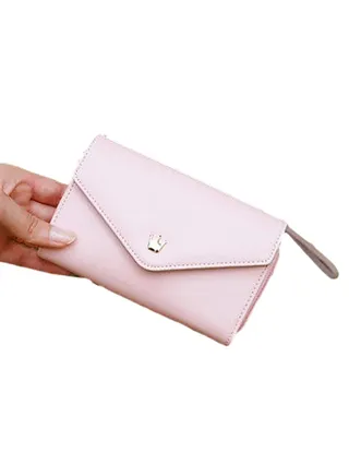 Women PU Leather Zipper Wallet Multi-layer Coin Purse (Pink) 