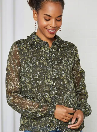Blooma Collared Neck Shirt Black Olive Blooma Print 