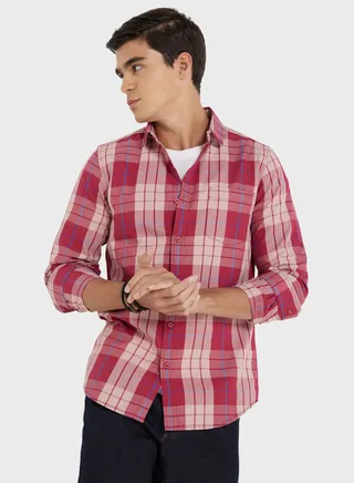 Men Maroon Beige Slim Fit Checked Sustainable Casual Pure Cotton Shirt 