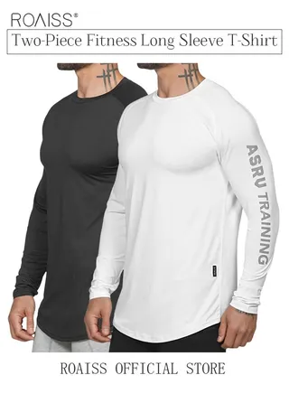 Men's Fitness Clothes Summer Tops Shirt Loose Round Neck Solid Color Quick-Drying Breathable Long-Sleeve Sports Training Shirt for Men 