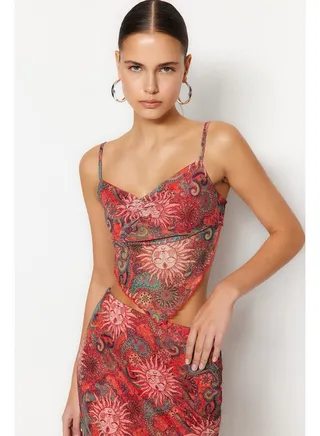 Premium Orange Printed Back Crossover Straps Asymmetric Skirt Tulle Knitted Blouse TWOSS23BZ00566 