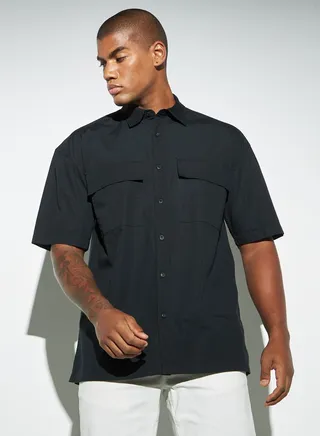 Lee Cooper Solid Utility Shirt with Pockets and Short Sleeves 