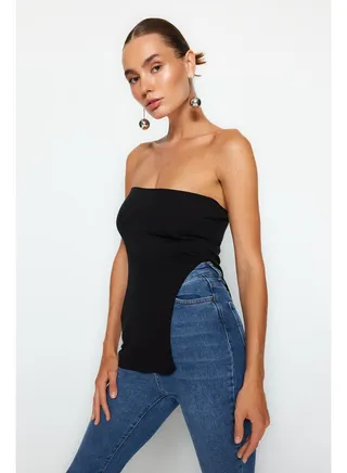 Black Strapless Slit Detailed Premium Yarn / Special Yarn Blouse TWOAW24BZ00131 