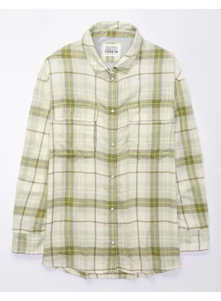 AE Oversized Long-Sleeve Plaid Button-Up Shirt 