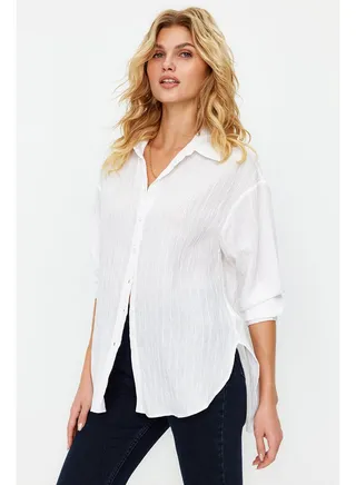 Ecru Striped Oversize Wide Pattern Textured Woven Shirt TWOSS24GO00051 