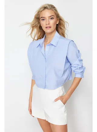 Blue Stoned Crop Woven Shirt with Padded Sleeves TWOSS24GO00041 