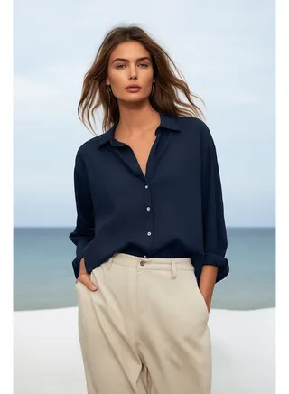 Navy Blue Oversize/Wide Fit Woven Shirt TWOAW24GO00207 
