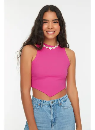 Pink Asymmetric Super Crop Ribbed Stretch Knitted Undershirt TWOSS22AL0065 
