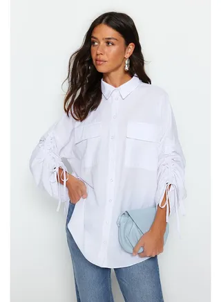 White Adjustable Gathered Detailed Woven Cotton Shirt TCTSS23TG00011 