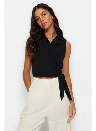 Black Tied Woven Linen Look Blouse TWOSS23BZ00550 