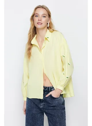 Yellow Embroidered Cotton Woven Shirt TWOAW23GO00081 