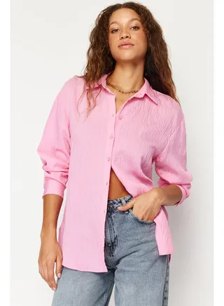 Pink Striped Oversize Wide Fit Textured Woven Shirt TWOSS24GO00051 