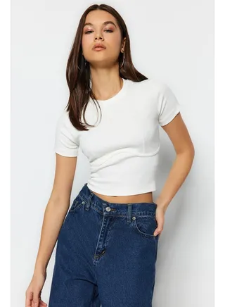 White Piping Detailed Crew Neck Crop Ribbed Elastic Knitted Blouse TWOAW21BZ0638 