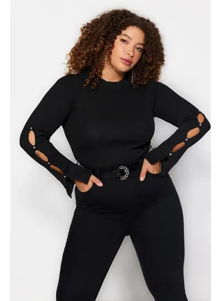 Black Turtleneck Straight Bodycone Polyelite Knitwear Plus Size Blouse TBBAW24AF00021 