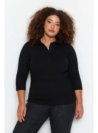 Black Polo Neck Corduroy Knitted Blouse TBBAW24AF00038 