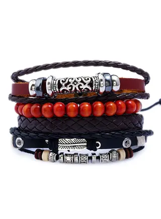 Set of of 4 Woven Leather and Beads Bracelet 