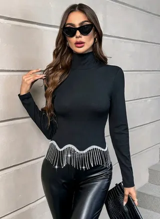 SHEIN Prive High Neck Fringe Hem Tee BLACK 