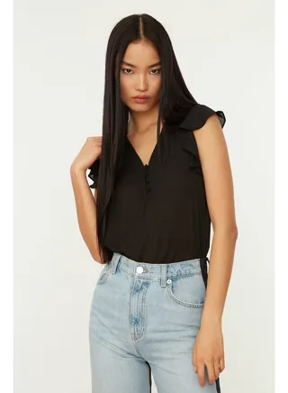 Black Button Detailed Flowy Semi Sheer Woven Blouse TWOSS20BZ0894 