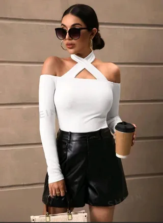 SHEIN Privé Solid Criss Cross Halter Neck Tee WHITE 