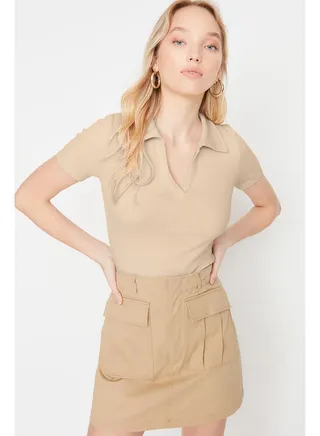 Beige Fitted Crop Polo Neck Ribbed Stretchy Knitted Blouse TWOSS21BZ0038 